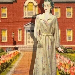 Vintage 1940s Soft Yellow Floral Print Quilted Satin Princess Robe w Belt